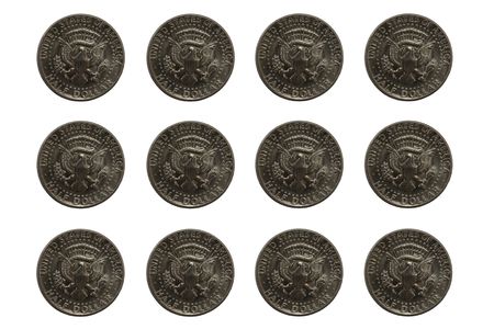 Rows of USA half dollar coins isolated on white