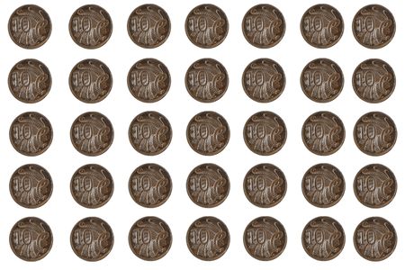 rows and rows of Australian 10 cent coins. This coin features the lyrebird and Australian native...