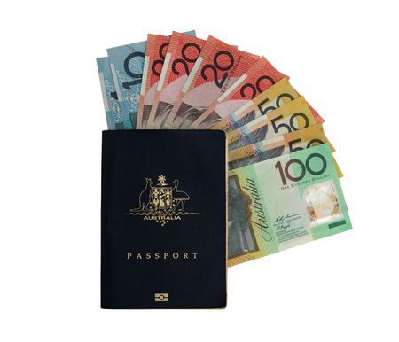 Australian Passport with various Australian note. Money and passport = overseas holidayの写真素材