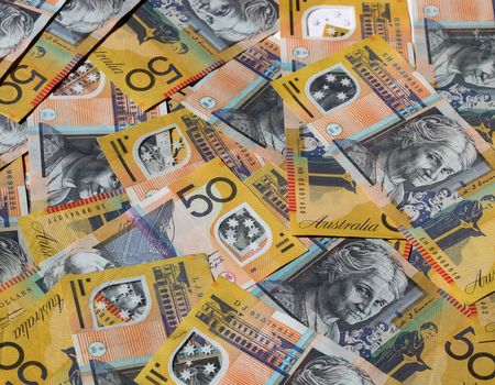 Closeup of many Australian 50 dollar notes.の写真素材