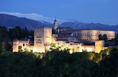 View of Alhambra at twilight, Granada, Spain. のeditorial素材