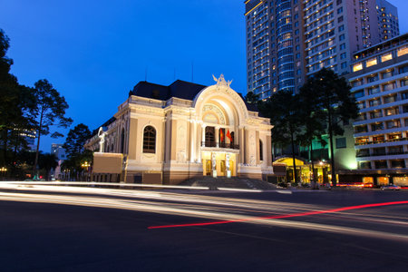 Municipal Theatre of Ho Chi Minh City also known as the Siagon Operahouse at night with traffic light trails. The operahouse was built in 1897 and is a fine example of French Colonial Architecture. Ho Chi Minh City - Vietnamのeditorial素材