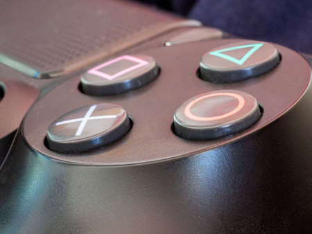 ZAMORA - SPAIN - APRIL 03, 2020: Playstation 4 Gamepad macro detail Sony PS4 Dualshock V2 buttons