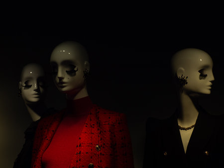 three mannequins in a window display at nightの写真素材
