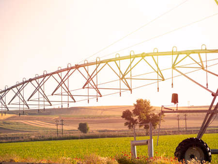 A center pivot sprinkler watering a sustainable farm.. High quality photoの写真素材