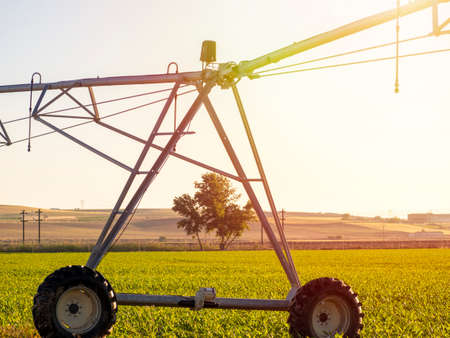 A center pivot sprinkler watering a sustainable farm.の写真素材