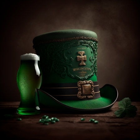 St. Patrick's Day background with green leprechaun hat and beerの写真素材