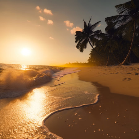 Tropical beach with palm trees at sunset in Sri Lanka.の素材