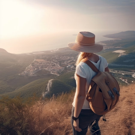A girl in a hat with a backpack is standing on the top of the mountain and admiring the sunset.の素材