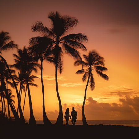 Silhouette of a couple on the beach at sunset with palm treesの素材