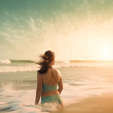 Young woman in swimsuit relaxing on the beach at sunset time.の素材