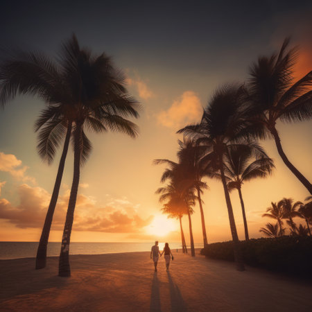 Silhouette of couple walking on the beach with palm trees at sunsetの素材