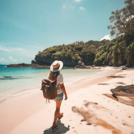 Young woman with backpack walking on tropical beach. Travel and adventure conceptの素材
