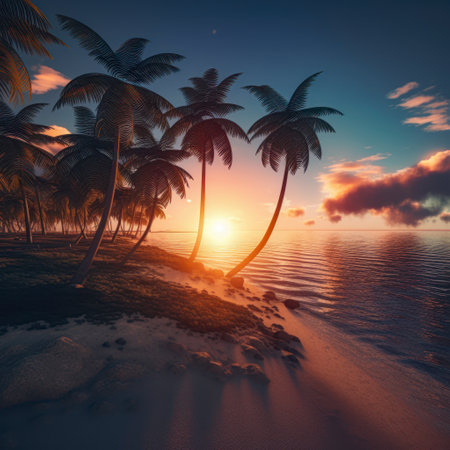 Palm trees on a tropical beach at sunset. 3d renderingの素材
