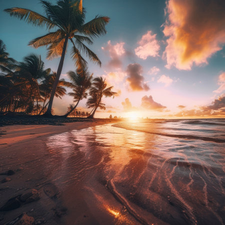 Tropical beach with coconut palm trees at sunset. nature backgroundの素材