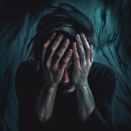 Depressed woman covering her face with her hands. Depression concept.の素材