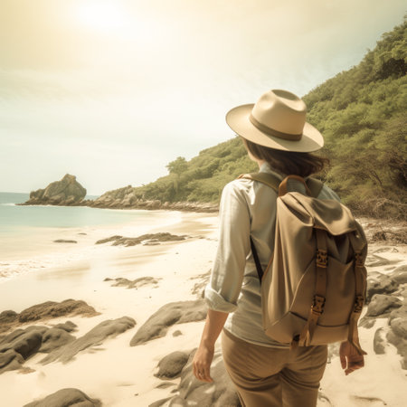 Young woman traveler with backpack and hat standing on the beach and looking at sea.の素材