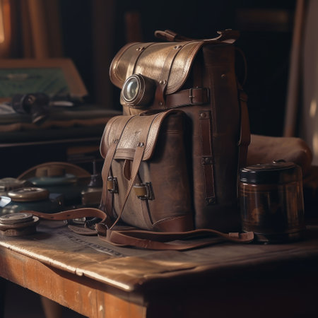 Old brown backpack on a wooden table in the room. Vintage style.の素材