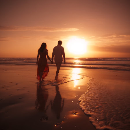 Silhouette of young couple walking on the beach at sunset.の素材