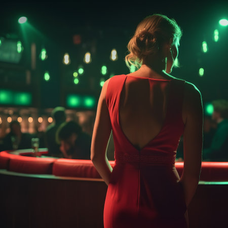 Back view of young woman in red evening dress standing in night clubの素材
