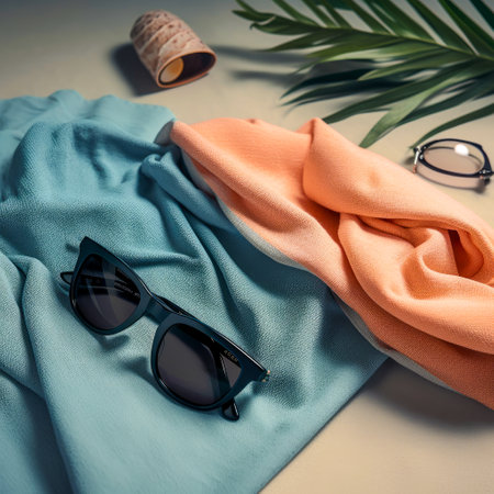 Sunglasses and t-shirt on the table. Toned.の素材