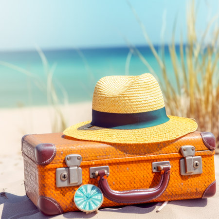 Vintage suitcase with hat and sunglasses on the beach. travel conceptの素材