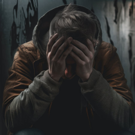 Depressed man in hooded jacket covering his face with hands.の素材