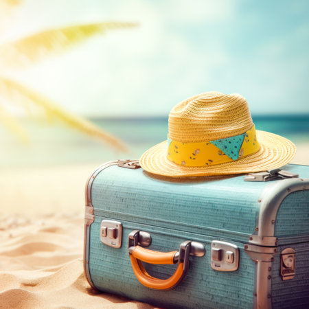 Vacation and travel concept. Suitcase with hat on the beachの素材