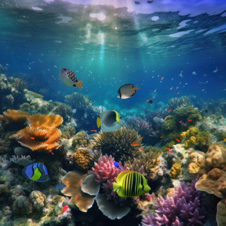 Underwater view of coral reef and tropical fish. 3d renderingの素材
