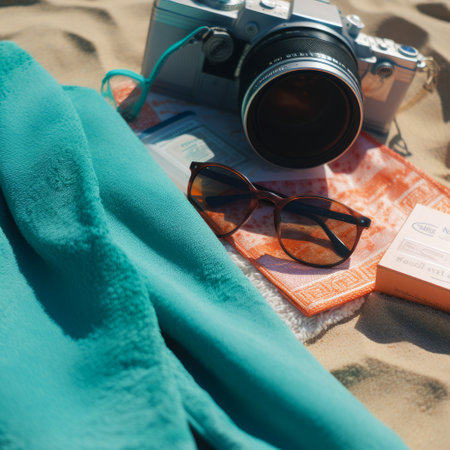 Vacation travel concept. Sunglasses, camera, passport and ticket on the beachの素材