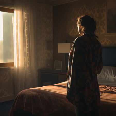 A young woman in a pajamas is sitting on the bed and looking out the windowの素材