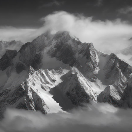 black and white image of snowy mountains in clouds, monochromeの素材