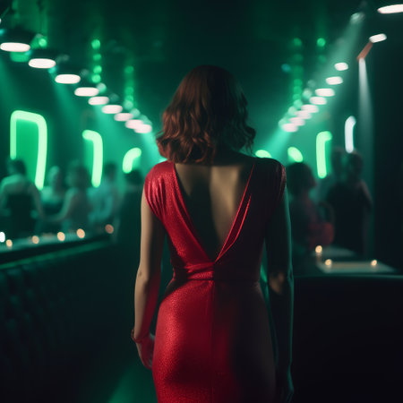 Beautiful young woman in red dress dancing in night club with neon lightsの素材