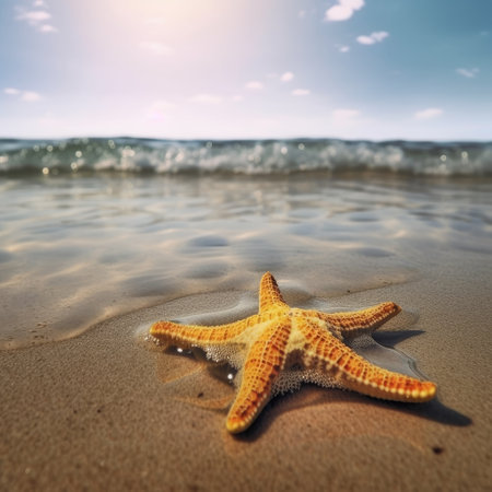 Starfish on the beach with the sea and blue sky background.の素材