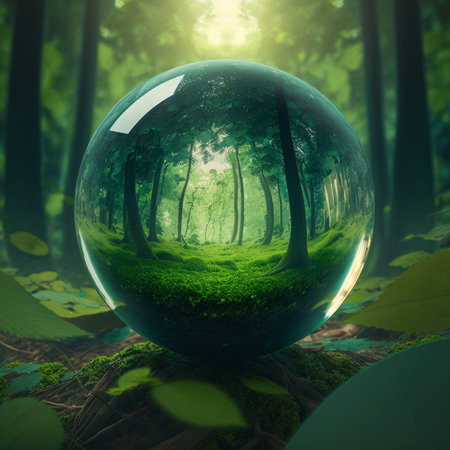Glass sphere in green forest. 3D rendering. Abstract background.の素材