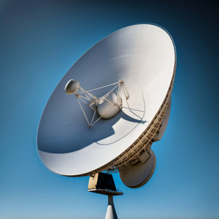Large satellite dish on a blue sky background. Satellite dishes for radio communication.の素材