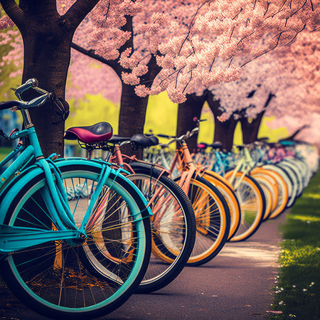 Bicycles in a row with cherry blossoms in the backgroundの素材