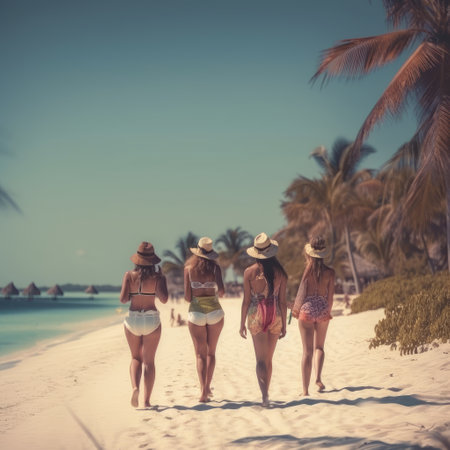 Group of happy young women in swimsuits and hats walking on tropical beachの素材