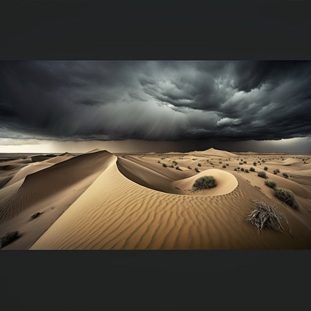 Dramatic stormy sky over sand dunes in the desertの素材