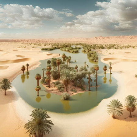 Oasis in the middle of the desert. 3D rendering.の素材