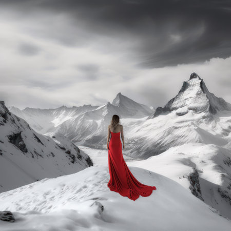 Beautiful woman in red dress standing on top of a snowy mountainの素材