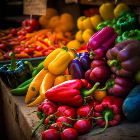 Colorful bell peppers on display at a farmers market in California.の素材