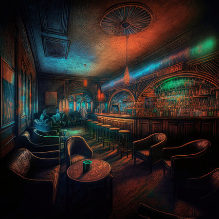 Illustration of a bar interior in dark tones. 3d renderingの素材