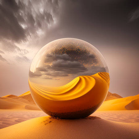 Crystal ball with sand dunes and cloudy sky, 3D renderingの素材