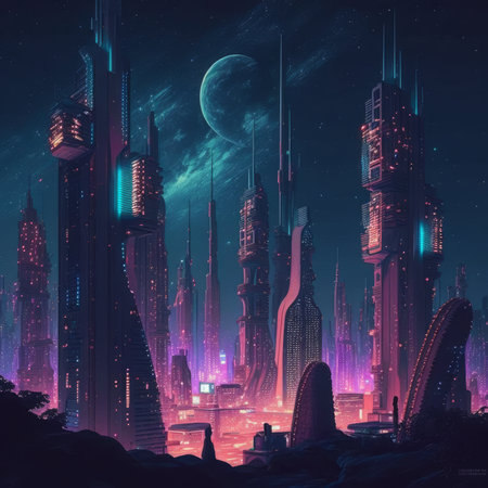 Futuristic city at night with moon and stars. 3d renderingの素材