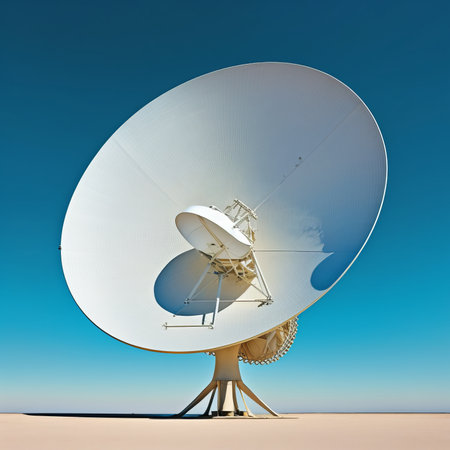 Satellite dish in the desert with blue sky background. 3d renderingの素材
