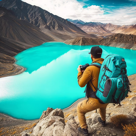 Hike in Himalayas. Man with camera on the background of turquoise lakeの素材