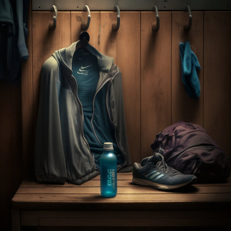 Sports clothing and water bottle on a shelf in a locker room.の素材