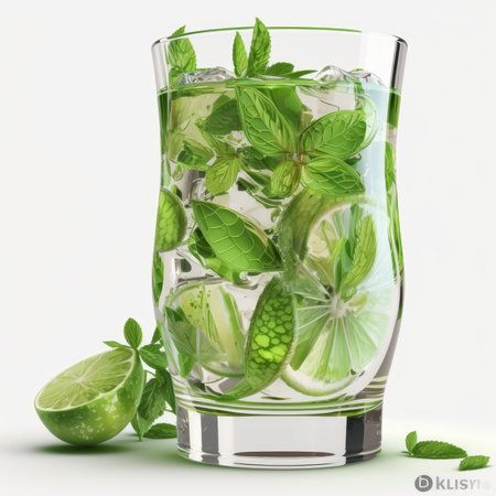 Mojito cocktail with lime, mint and ice on white backgroundの素材