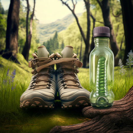 Hiking boots and bottle of water on green grass in the forestの素材